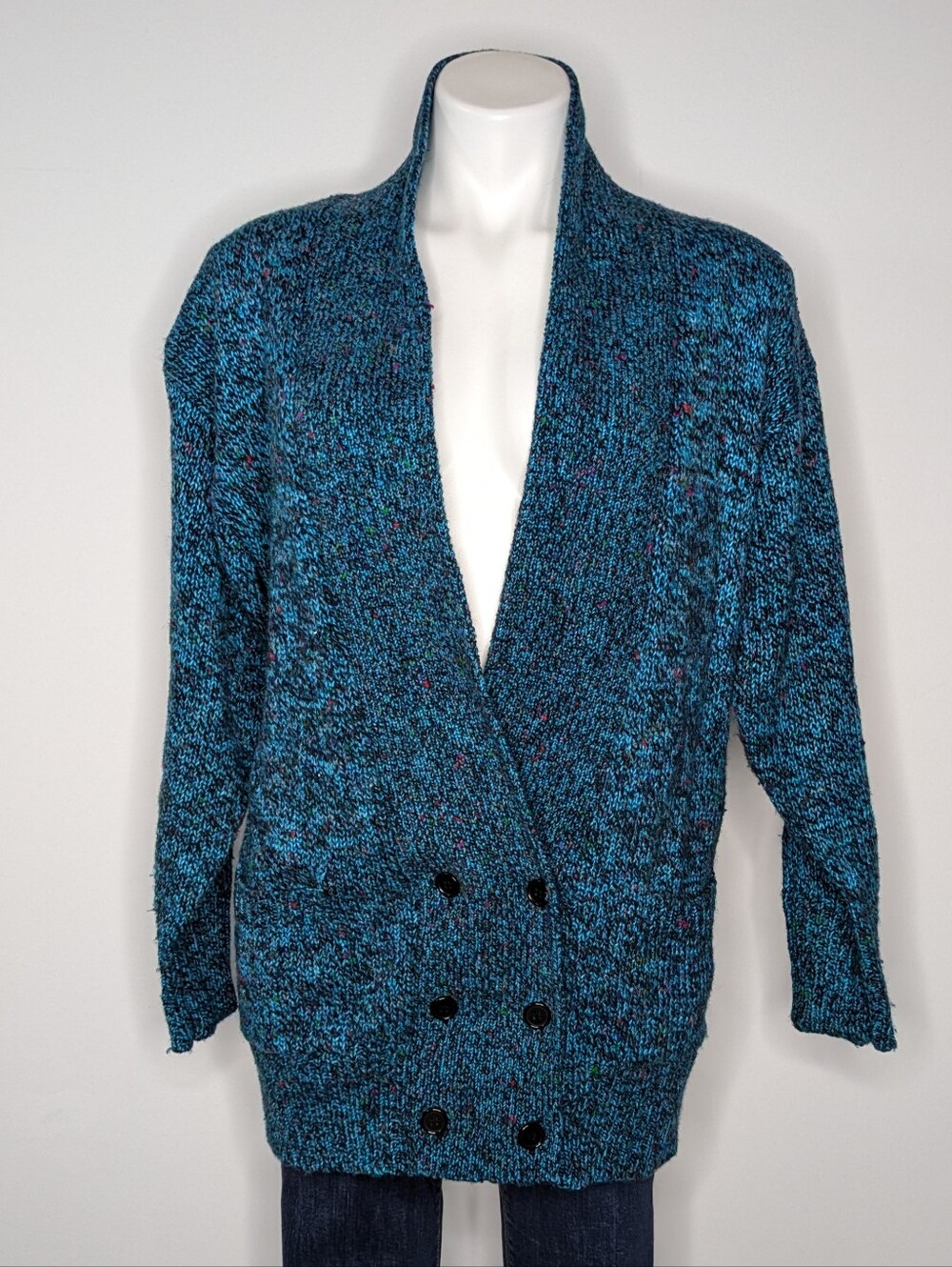 Vintage Crazy Horse Blue Black Colorful Speckled V Neck Cardigan Sweater L/XL